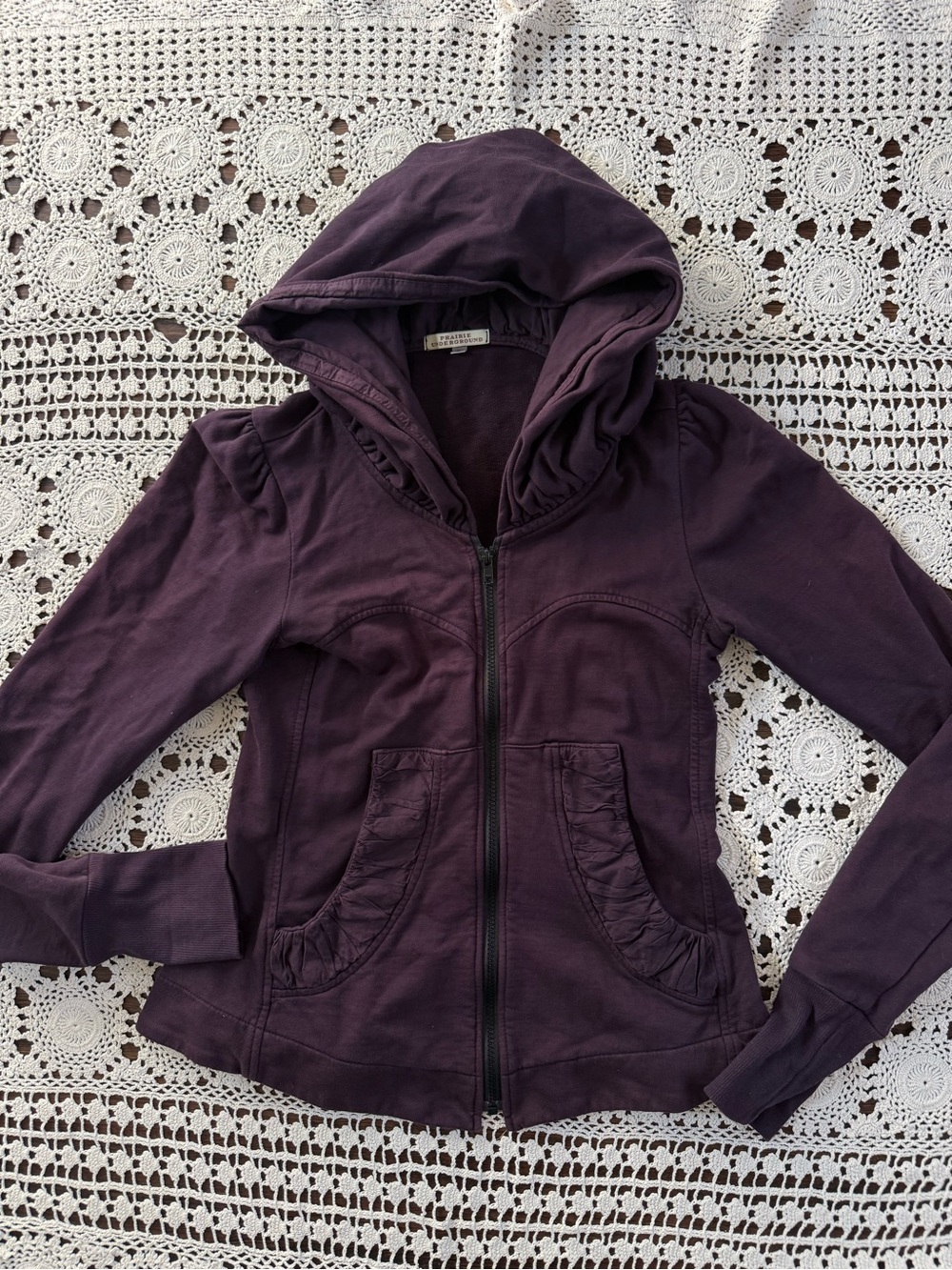 Prairie Underground Cloak Hoodie Full Zip Maroon Purple Organic Cotton Small